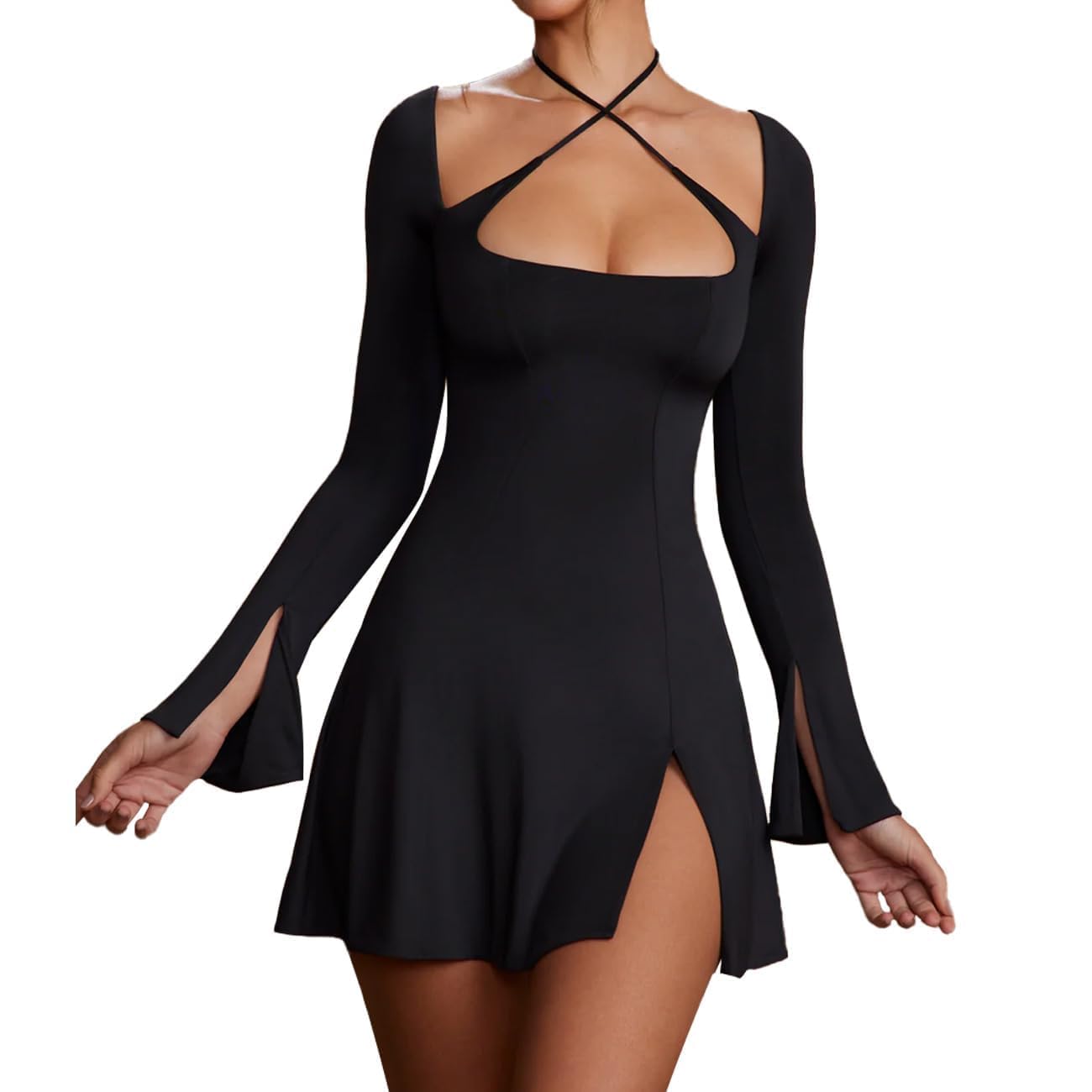 RPAEOY Vestido Mujer Elegante Manga Larga Correa Cruzada Cuello Cuadrado sin Espalda Mini Ajustado de Classy Retro Color Sólido Cóctel Vestidos de Noche Fiesta Clubwear Ceremonia Dress (Negro,L)