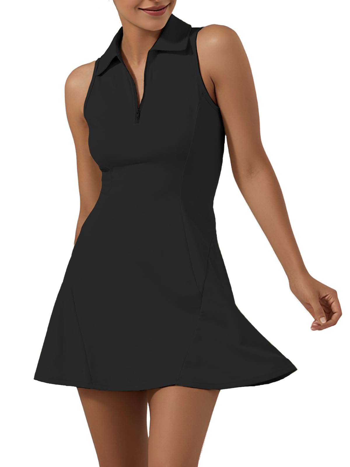 GroYolan Vestido de Tenis para Mujer sin Mangas Athletic Dress con Pantalón Corto Bolsillos Cremallera Polo Ropa Deportiva Golf Padel Fitness Casual