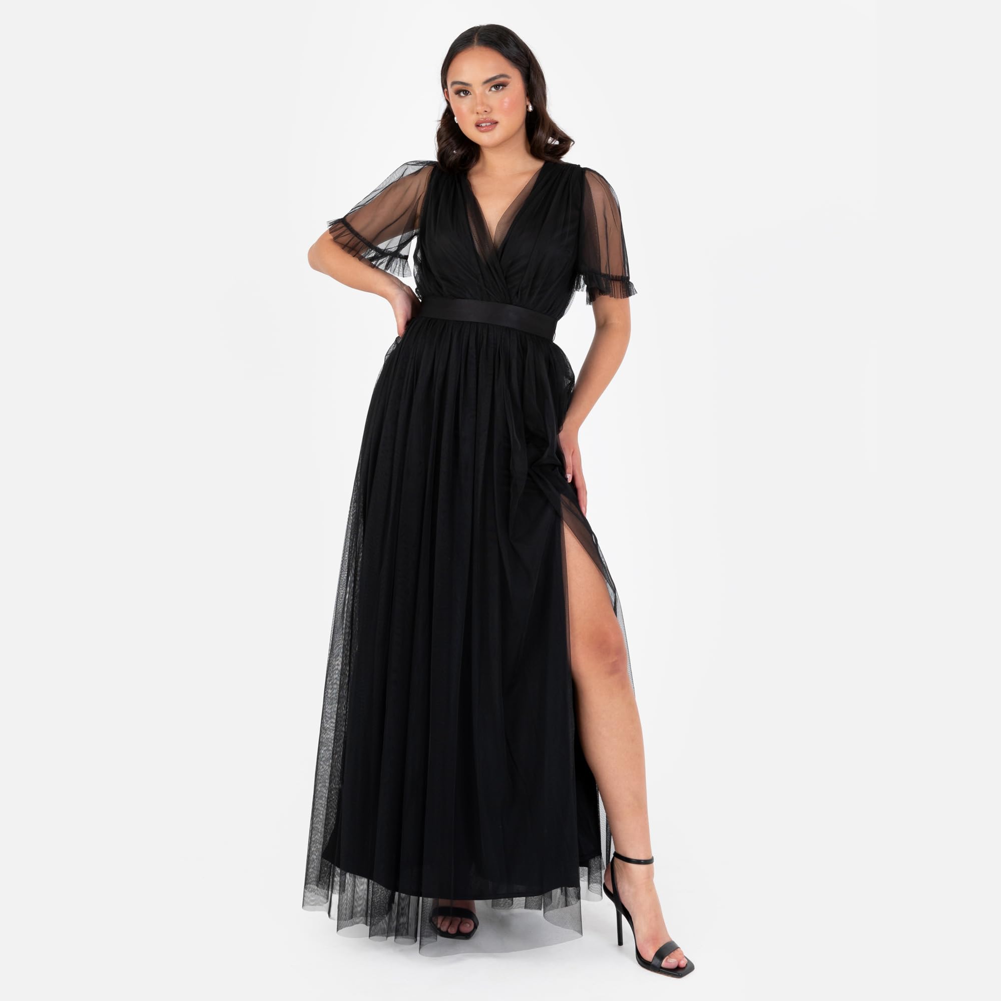 Anaya with Love Ladies Maxi Dress for Women V Neckline Short Sleeve Frilly Long Empire Waist for Wedding Guest Bridesmaid Maid of Honour, Negro 52