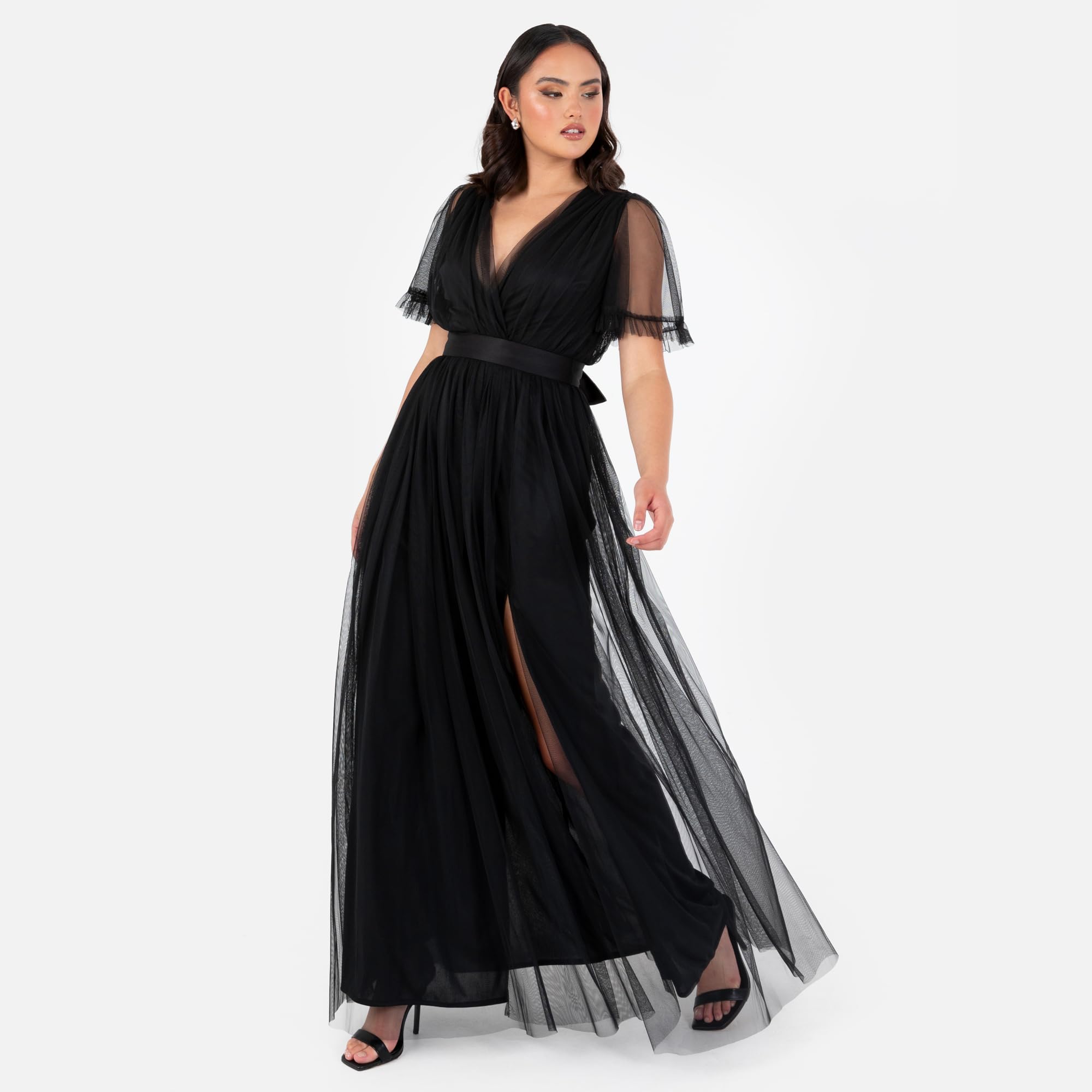 Anaya with Love Ladies Maxi Dress for Women V Neckline Short Sleeve Frilly Long Empire Waist for Wedding Guest Bridesmaid Maid of Honour, Negro 52