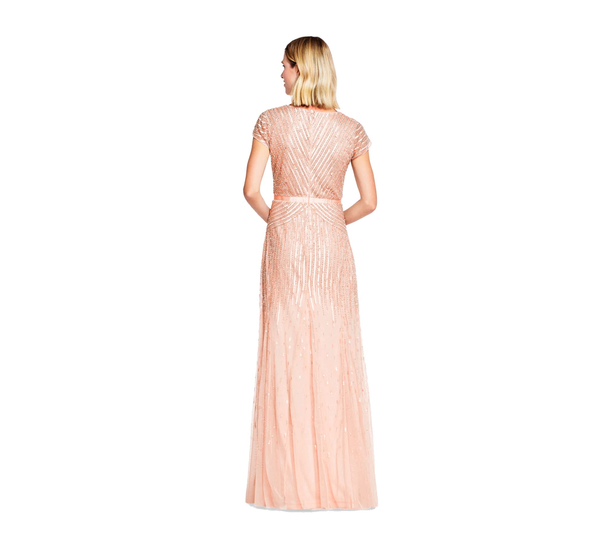 Adrianna Papell Women's Long Beaded V-Neck Dress with Cap Sleeves and Waistband, Blush, 14