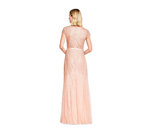 Adrianna Papell Women's Long Beaded V-Neck Dress with Cap Sleeves and Waistband, Blush, 14