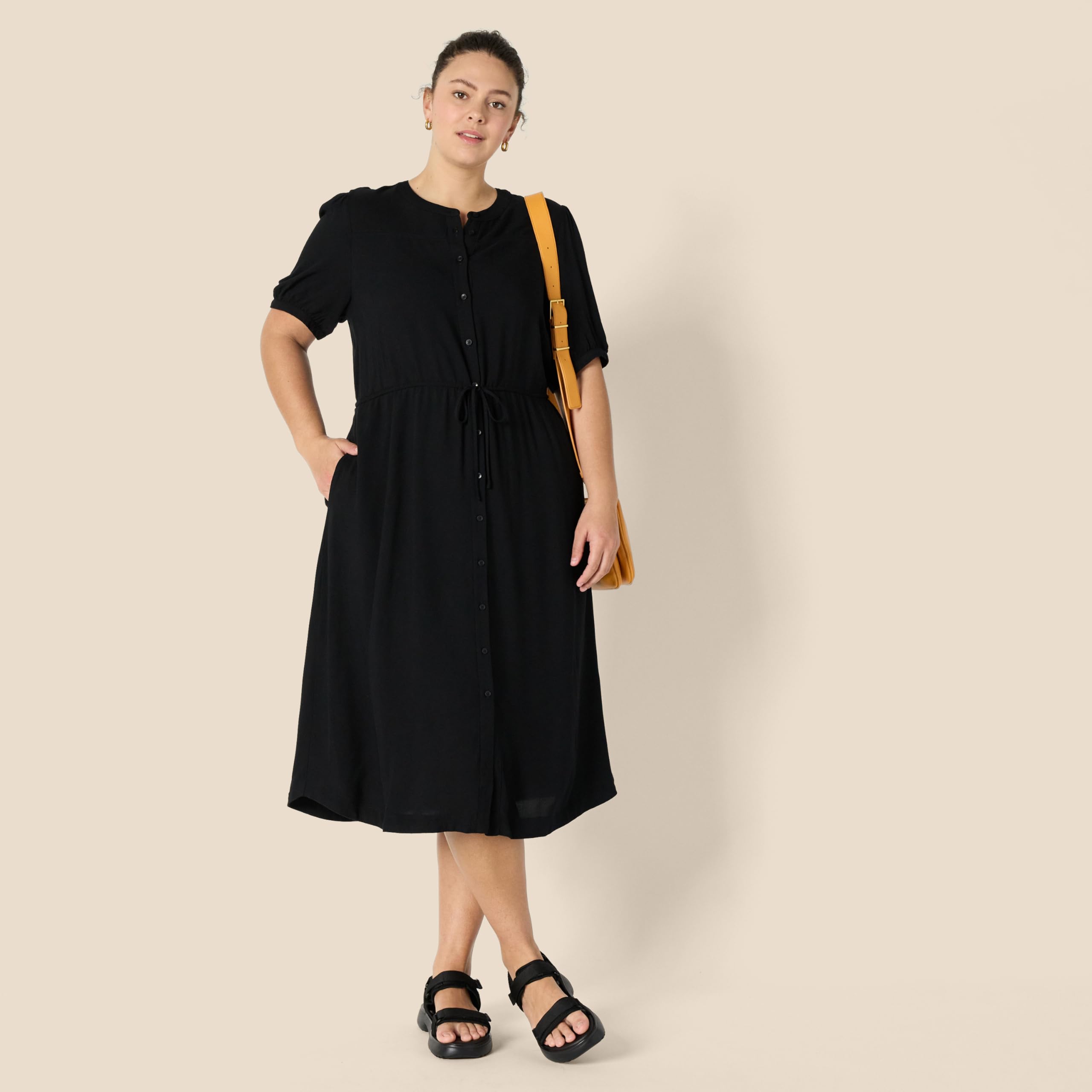 Amazon Essentials Vestido Midi Acampanado de Media Manga y Cintura para Mujer, Color Negro, Talla XL