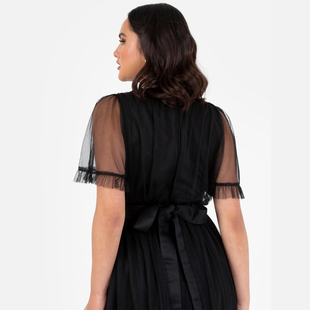 Anaya with Love Ladies Maxi Dress for Women V Neckline Short Sleeve Frilly Long Empire Waist for Wedding Guest Bridesmaid Maid of Honour, Negro 52