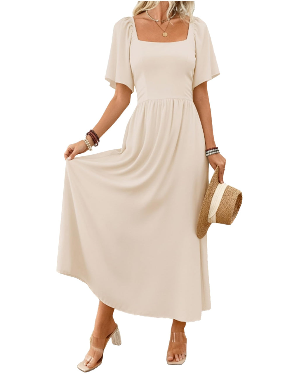 QUNERY Vestido Verano Mujer Elegante Cuello Cuadrado Vestidos Playero Casual Dress Manga Corta Beige XXL