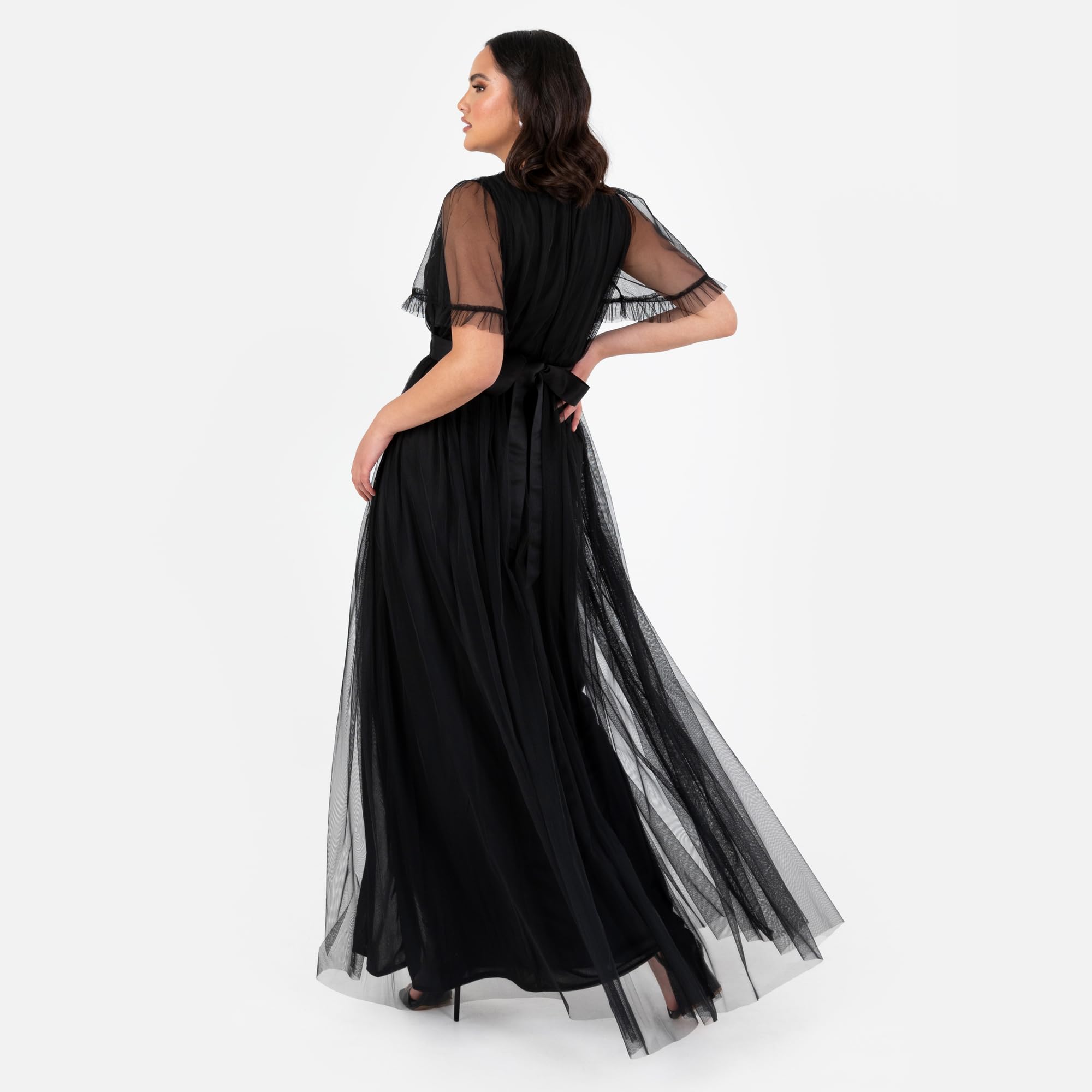 Anaya with Love Ladies Maxi Dress for Women V Neckline Short Sleeve Frilly Long Empire Waist for Wedding Guest Bridesmaid Maid of Honour, Negro 52