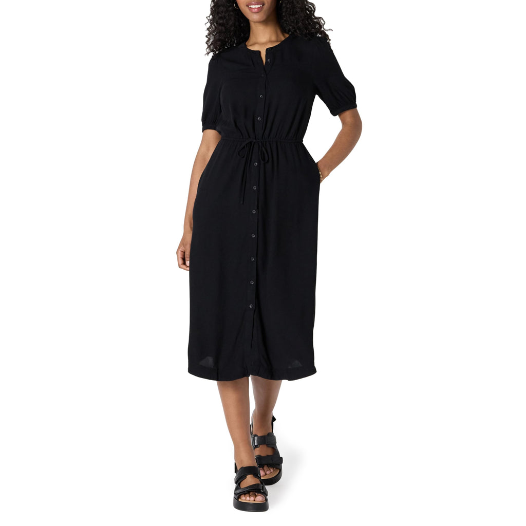 Amazon Essentials Vestido Midi Acampanado de Media Manga y Cintura para Mujer, Color Negro, Talla XL