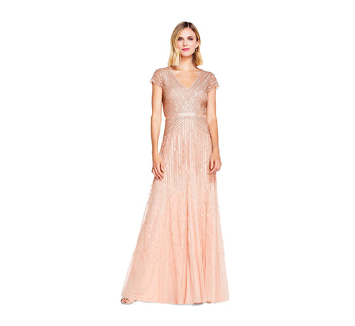 Adrianna Papell Women's Long Beaded V-Neck Dress with Cap Sleeves and Waistband, Blush, 14
