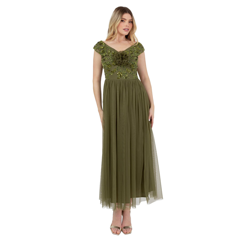 Maya Deluxe Women's Midaxi Dress Ladies Sleeveless Off Shoulder Bardot Sequin Embellished Tulle Rosette Bridesmaid Wedding Guest, Oliva 36