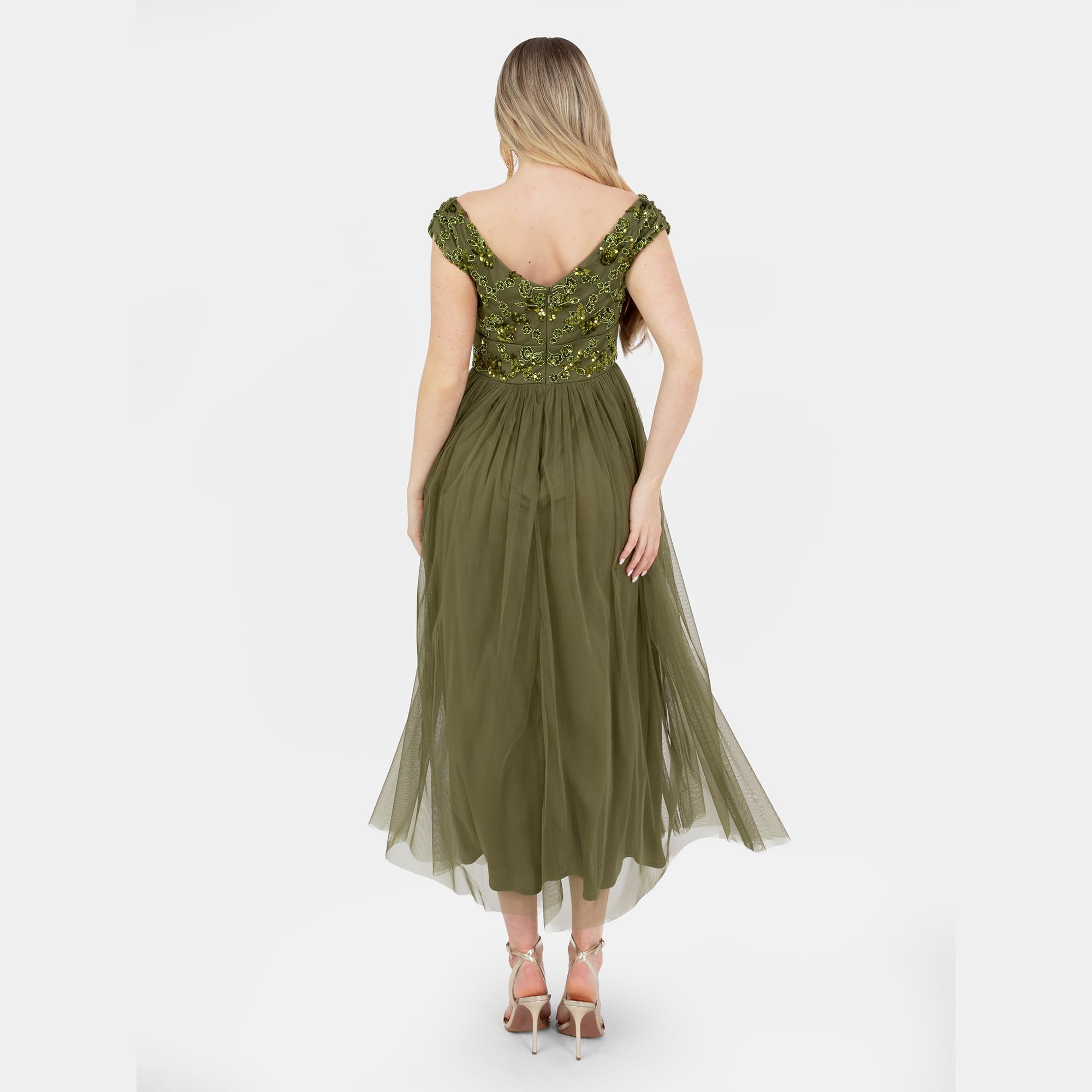 Maya Deluxe Women's Midaxi Dress Ladies Sleeveless Off Shoulder Bardot Sequin Embellished Tulle Rosette Bridesmaid Wedding Guest, Oliva 36