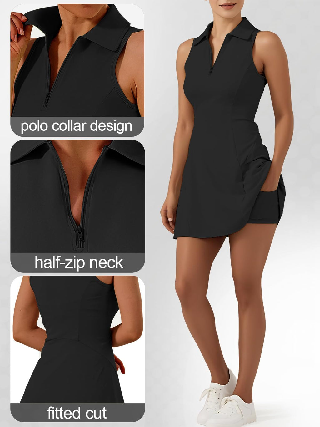 GroYolan Vestido de Tenis para Mujer sin Mangas Athletic Dress con Pantalón Corto Bolsillos Cremallera Polo Ropa Deportiva Golf Padel Fitness Casual