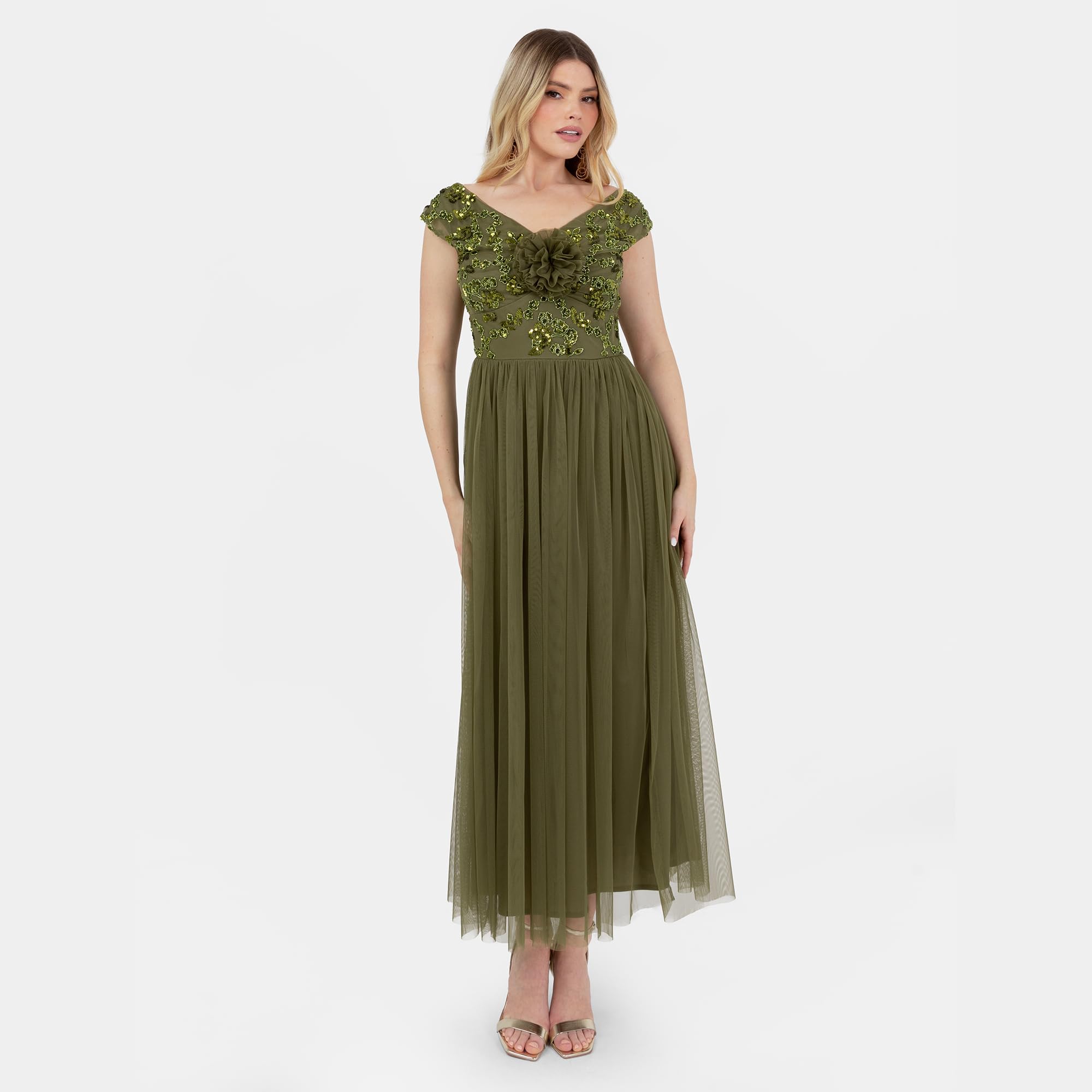 Maya Deluxe Women's Midaxi Dress Ladies Sleeveless Off Shoulder Bardot Sequin Embellished Tulle Rosette Bridesmaid Wedding Guest, Oliva 36