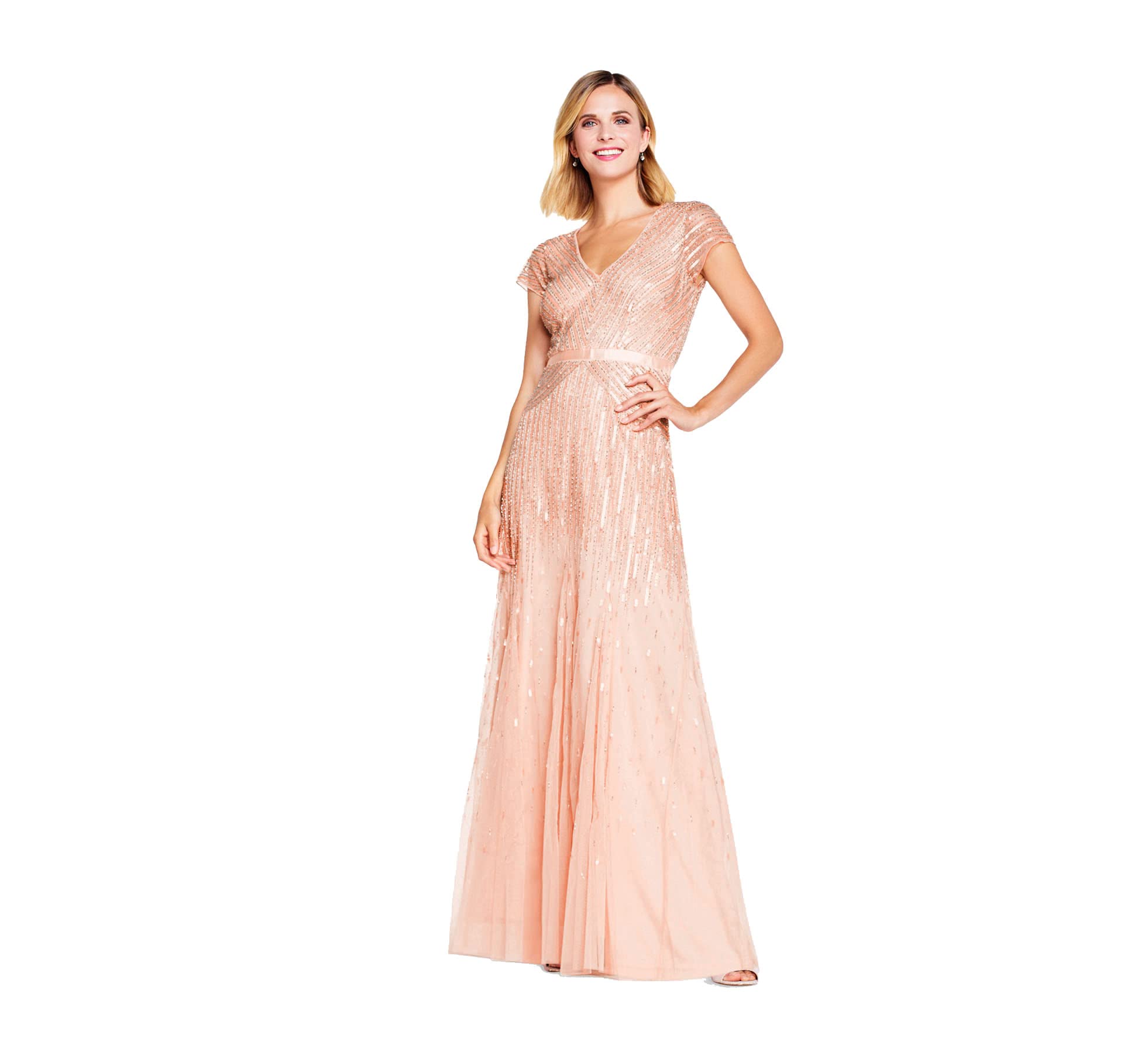 Adrianna Papell Women's Long Beaded V-Neck Dress with Cap Sleeves and Waistband, Blush, 14