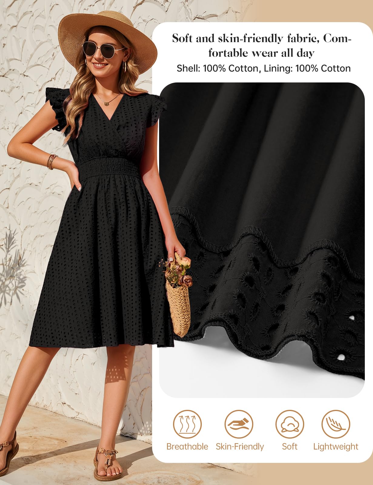 PASUDA Vestidos Verano Mujer Sin Mangas Vestidos Corto Cuello en V Algodón Elegante Dress de Manga con Volantes Cintura Alta Elástica Mini Vestido de Playa Sueltos Casual con Bolsillos (Negro, L)