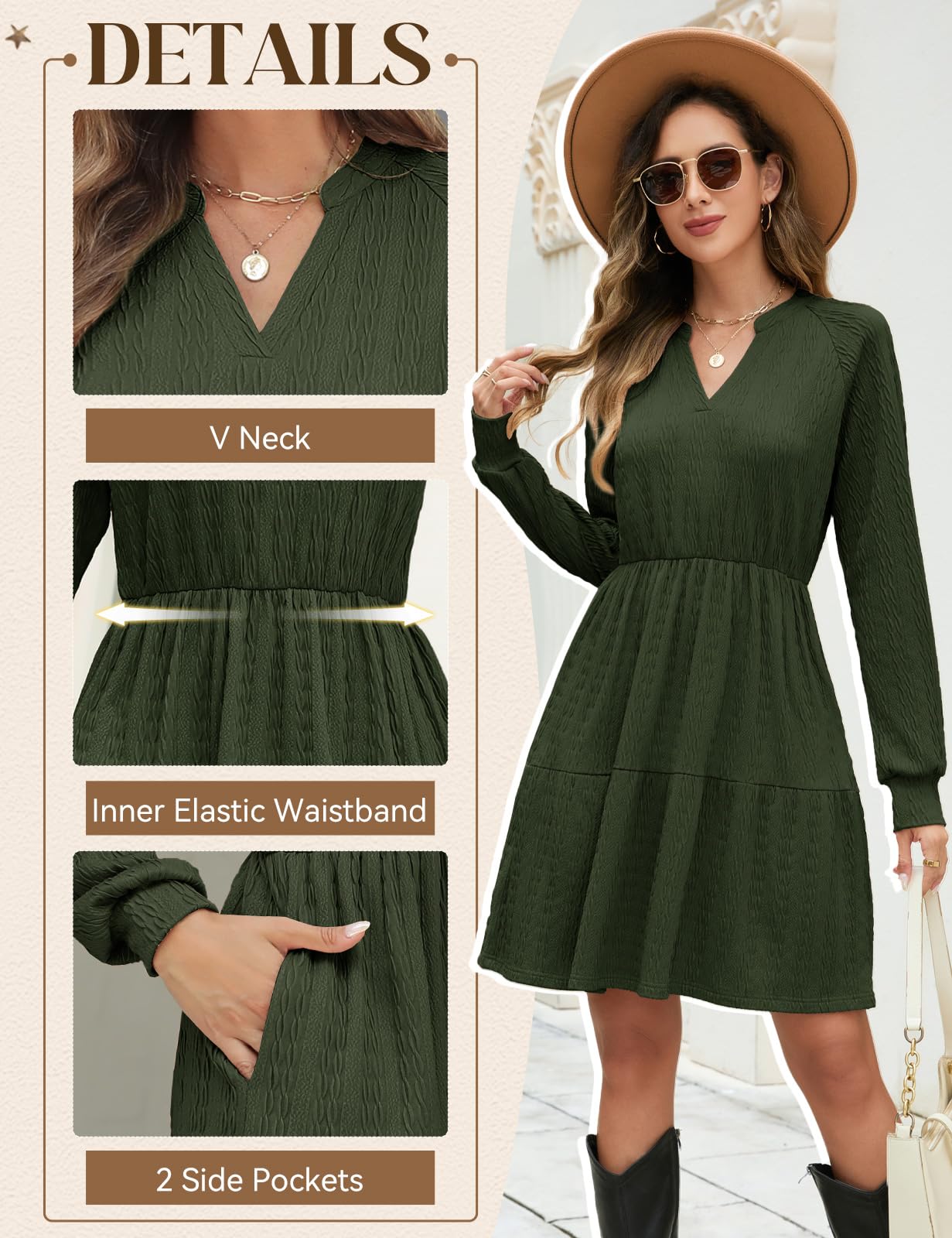 CMTOP Vestido Mujer Manga Larga Cuello en V Vestidos Elegante Casual Midi Cintura Alta Vestido de Punto con Bolsillos Dress Otoño Primavera