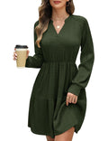 CMTOP Vestido Mujer Manga Larga Cuello en V Vestidos Elegante Casual Midi Cintura Alta Vestido de Punto con Bolsillos Dress Otoño Primavera