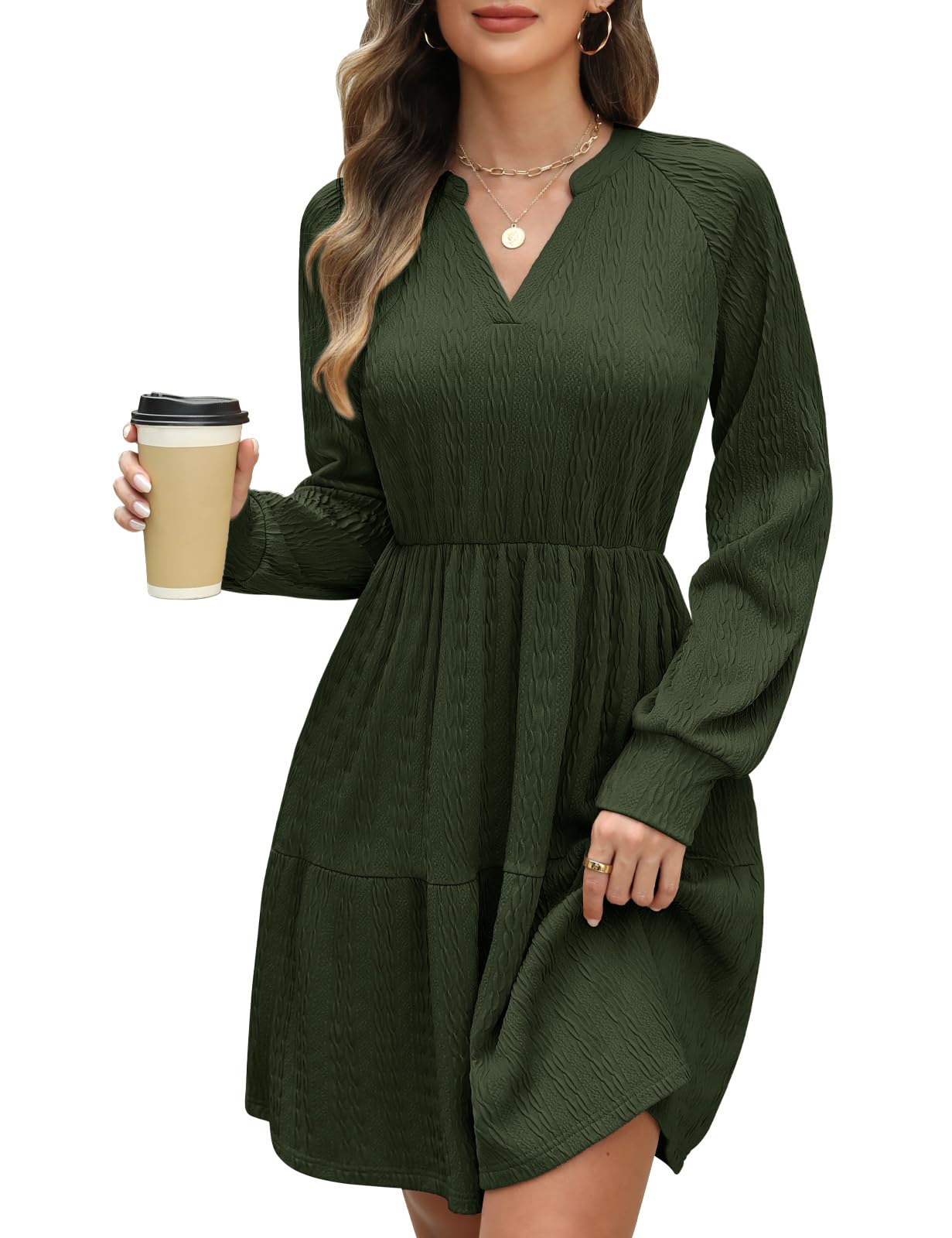 CMTOP Vestido Mujer Manga Larga Cuello en V Vestidos Elegante Casual Midi Cintura Alta Vestido de Punto con Bolsillos Dress Otoño Primavera