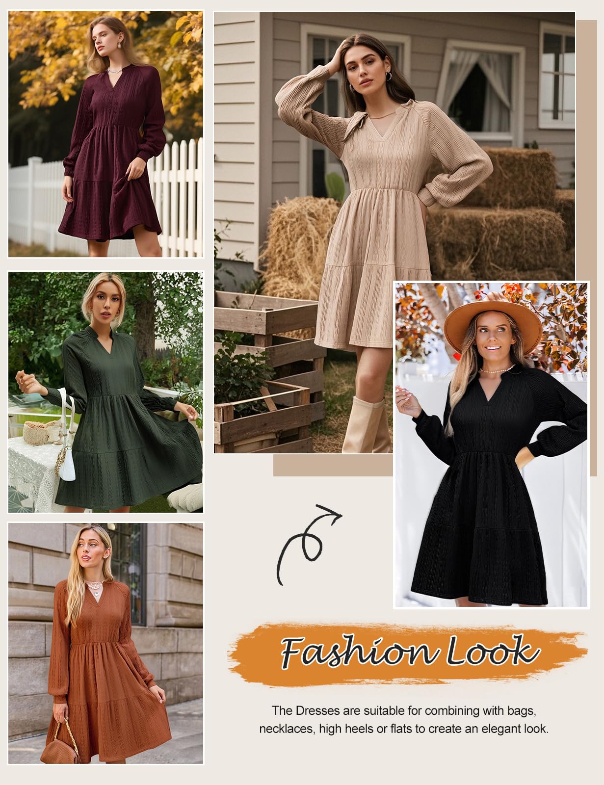 CMTOP Vestido Mujer Manga Larga Cuello en V Vestidos Elegante Casual Midi Cintura Alta Vestido de Punto con Bolsillos Dress Otoño Primavera