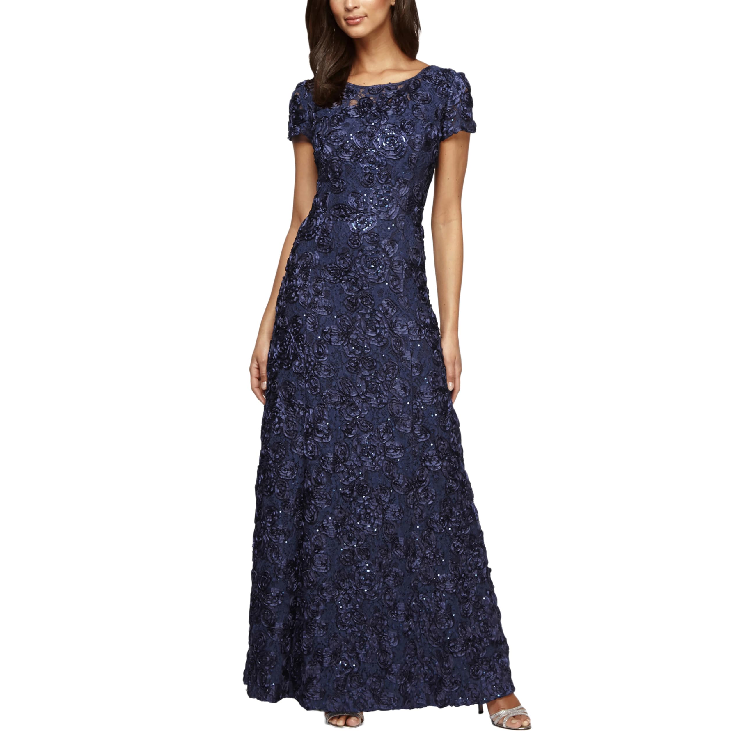 Alex Evenings Long Rosette Mother of The Bride Dress with Short Sleeves, Formal Gown, Wedding Guest Vestido para Madre de la Novia, Marino, 12 para Mujer