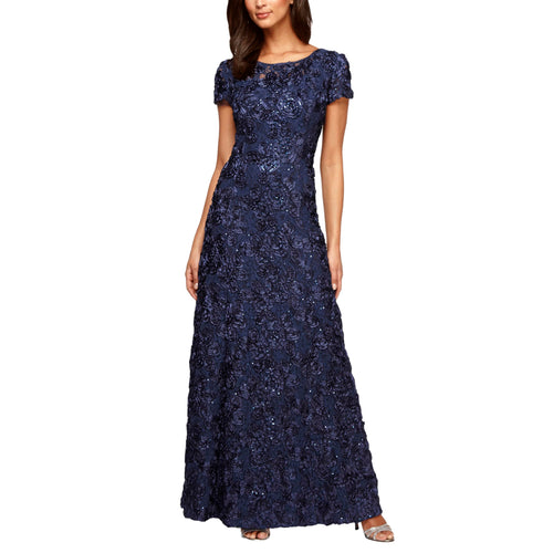 Alex Evenings Long Rosette Mother of The Bride Dress with Short Sleeves, Formal Gown, Wedding Guest Vestido para Madre de la Novia, Marino, 12 para Mujer