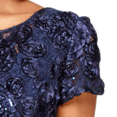 Alex Evenings Long Rosette Mother of The Bride Dress with Short Sleeves, Formal Gown, Wedding Guest Vestido para Madre de la Novia, Marino, 12 para Mujer