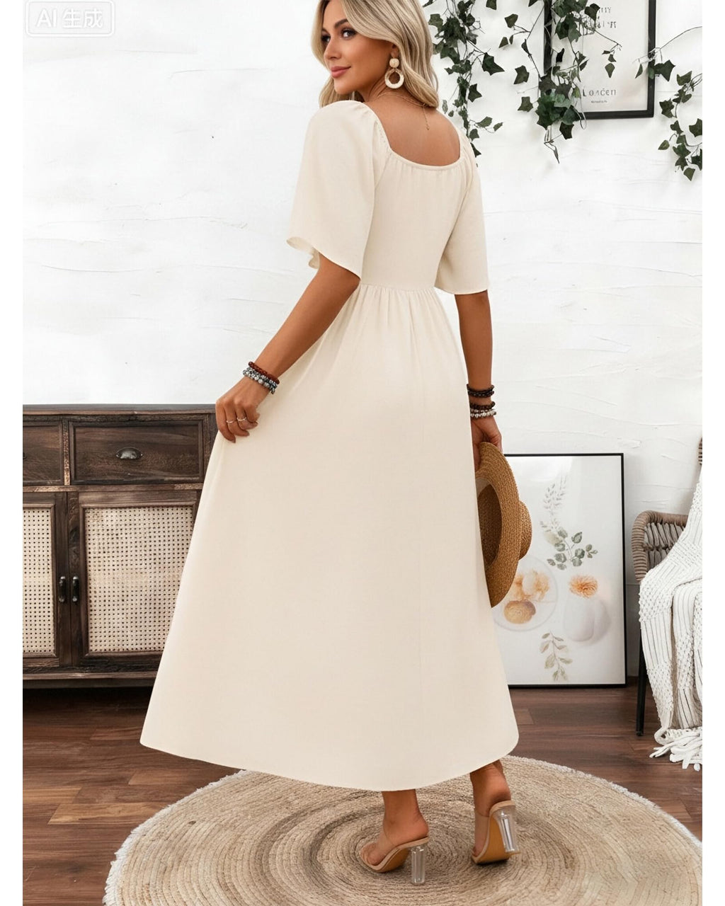QUNERY Vestido Verano Mujer Elegante Cuello Cuadrado Vestidos Playero Casual Dress Manga Corta Beige XXL