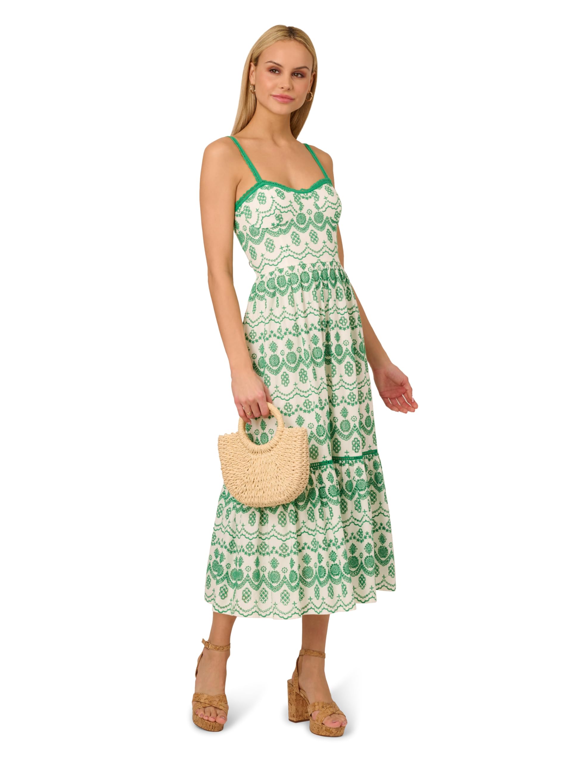 Adrianna Papell Eyelet Midi Dress Vestido, Verde/Marfil, 40 para Mujer