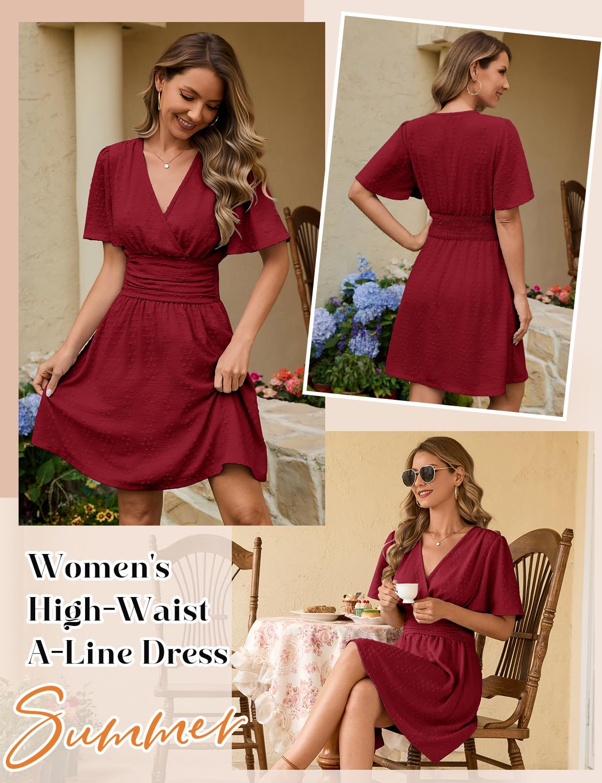 HEEKPEK Vestidos Verano Mujer Manga Corta Cuello en V Vestido de Mujer Elegante Corto Dress de Mangas Mariposa Cintura Alta Elástica Mini Vestido Sueltos Casual (Burdeos, L)