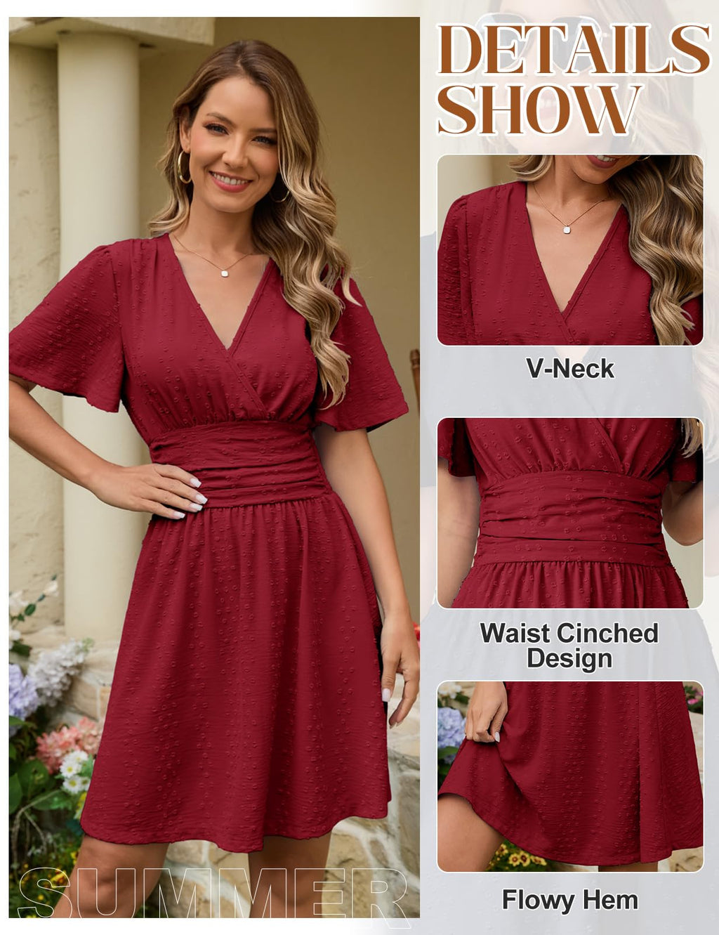 HEEKPEK Vestidos Verano Mujer Manga Corta Cuello en V Vestido de Mujer Elegante Corto Dress de Mangas Mariposa Cintura Alta Elástica Mini Vestido Sueltos Casual (Burdeos, L)