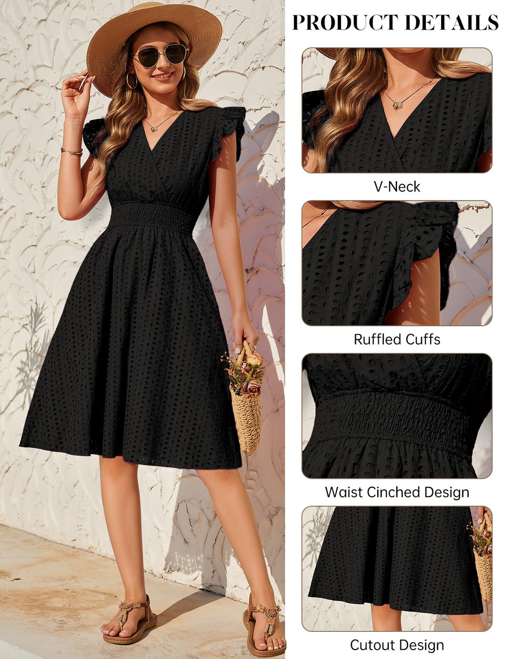 PASUDA Vestidos Verano Mujer Sin Mangas Vestidos Corto Cuello en V Algodón Elegante Dress de Manga con Volantes Cintura Alta Elástica Mini Vestido de Playa Sueltos Casual con Bolsillos (Negro, L)