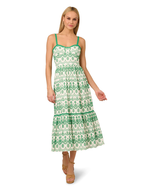 Adrianna Papell Eyelet Midi Dress Vestido, Verde/Marfil, 40 para Mujer