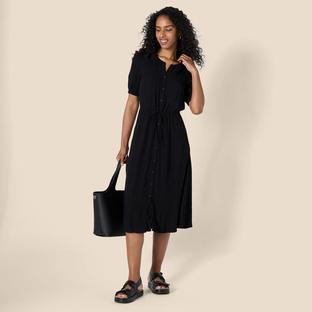 Amazon Essentials Vestido Midi Acampanado de Media Manga y Cintura para Mujer, Color Negro, Talla XL