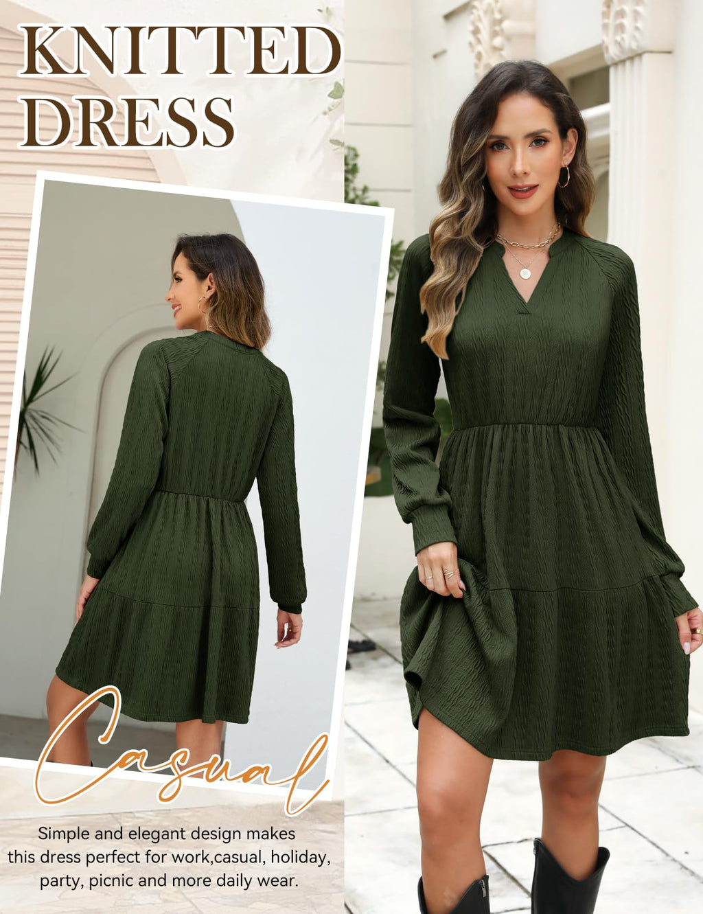 CMTOP Vestido Mujer Manga Larga Cuello en V Vestidos Elegante Casual Midi Cintura Alta Vestido de Punto con Bolsillos Dress Otoño Primavera