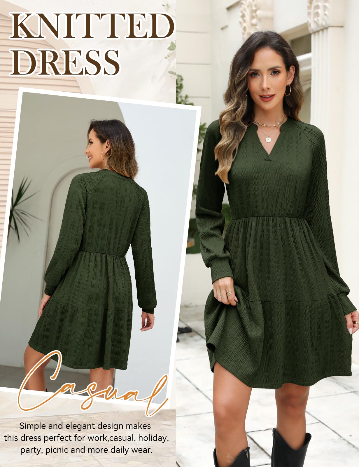 CMTOP Vestido Mujer Manga Larga Cuello en V Vestidos Elegante Casual Midi Cintura Alta Vestido de Punto con Bolsillos Dress Otoño Primavera