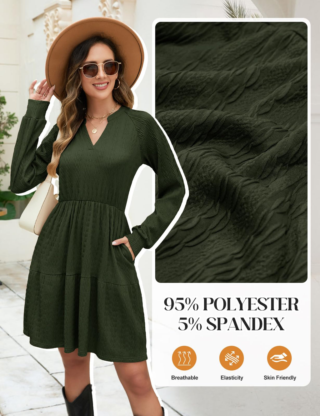 CMTOP Vestido Mujer Manga Larga Cuello en V Vestidos Elegante Casual Midi Cintura Alta Vestido de Punto con Bolsillos Dress Otoño Primavera