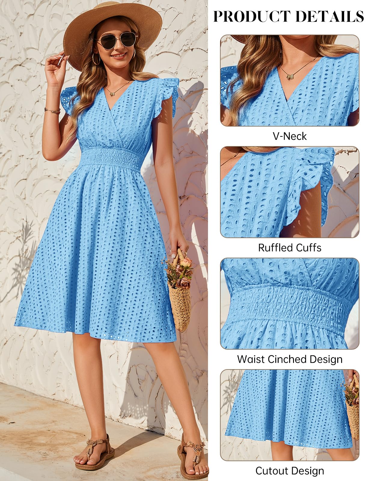 PASUDA Vestidos Verano Mujer Sin Mangas Vestidos Corto Cuello en V Algodón Elegante Dress Manga con Volantes Cintura Alta Elástica Mini Vestido de Playa Sueltos Casual con Bolsillos (Azul Cielo, L)