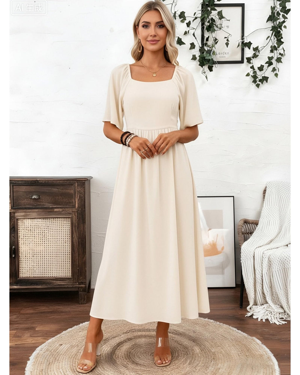 QUNERY Vestido Verano Mujer Elegante Cuello Cuadrado Vestidos Playero Casual Dress Manga Corta Beige XXL