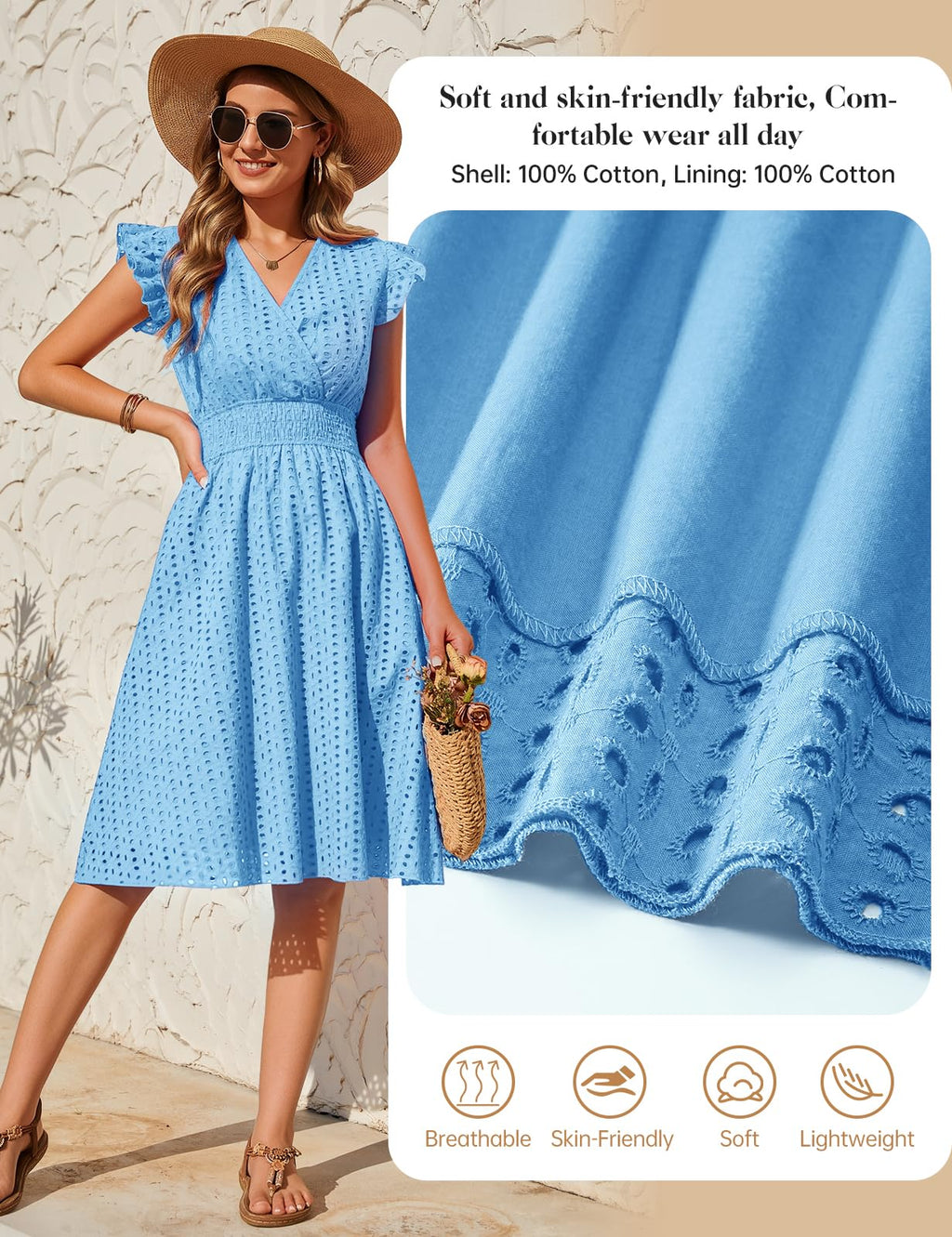 PASUDA Vestidos Verano Mujer Sin Mangas Vestidos Corto Cuello en V Algodón Elegante Dress Manga con Volantes Cintura Alta Elástica Mini Vestido de Playa Sueltos Casual con Bolsillos (Azul Cielo, L)