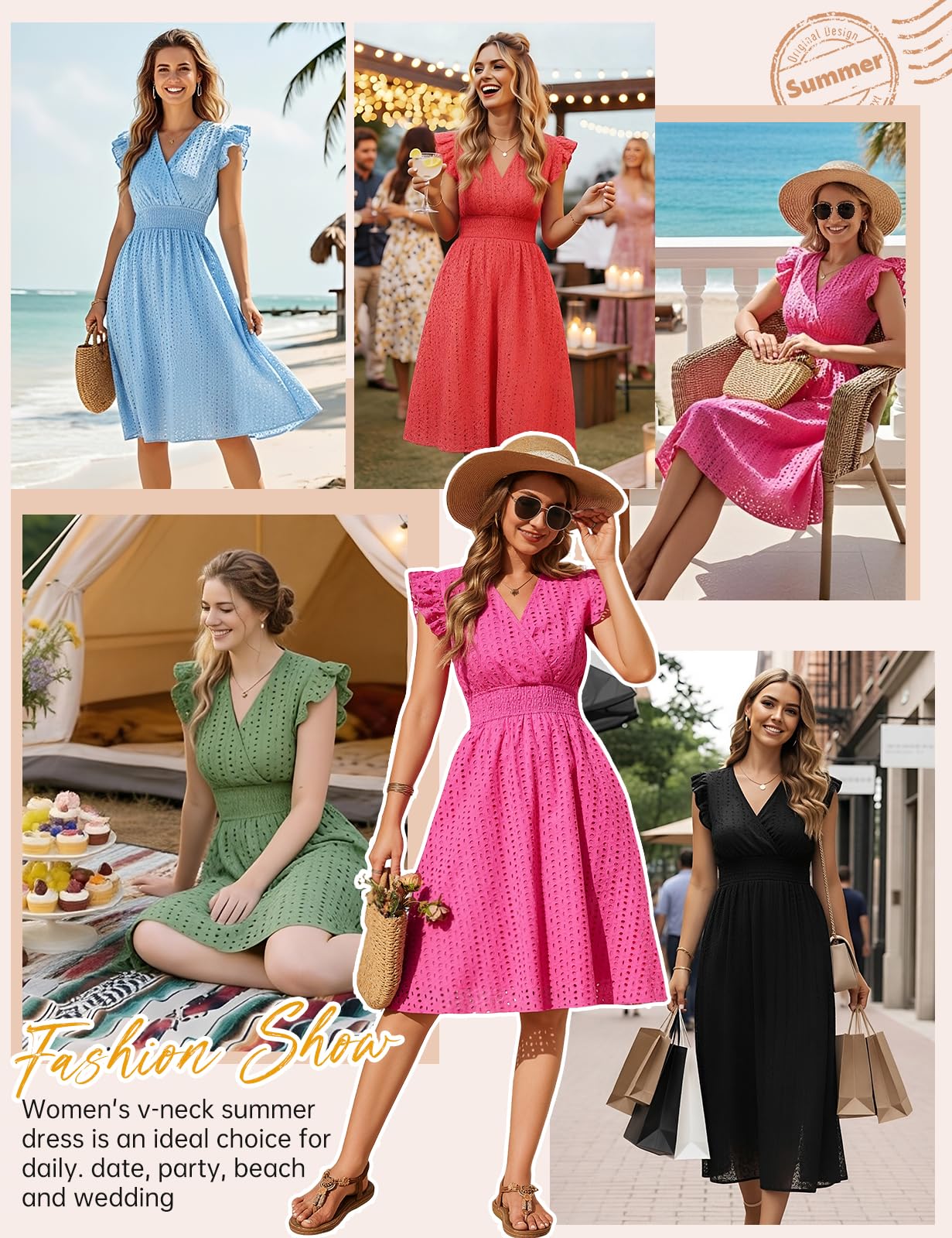 PASUDA Vestidos Verano Mujer Sin Mangas Vestidos Corto Cuello en V Algodón Elegante Dress de Manga con Volantes Cintura Alta Elástica Mini Vestido de Playa Sueltos Casual con Bolsillos (Negro, L)