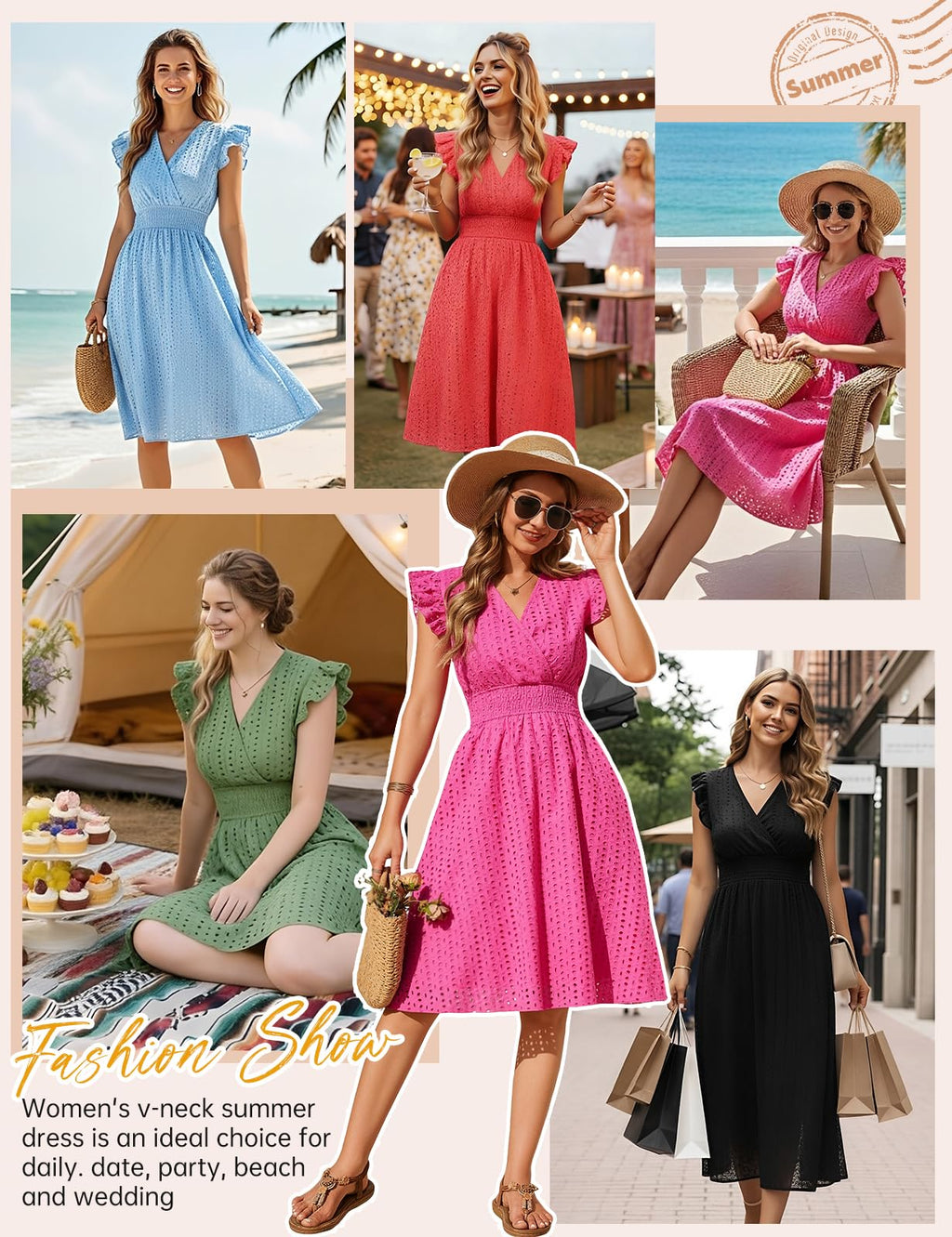 PASUDA Vestidos Verano Mujer Sin Mangas Vestidos Corto Cuello en V Algodón Elegante Dress Manga con Volantes Cintura Alta Elástica Mini Vestido de Playa Sueltos Casual con Bolsillos (Azul Cielo, L)