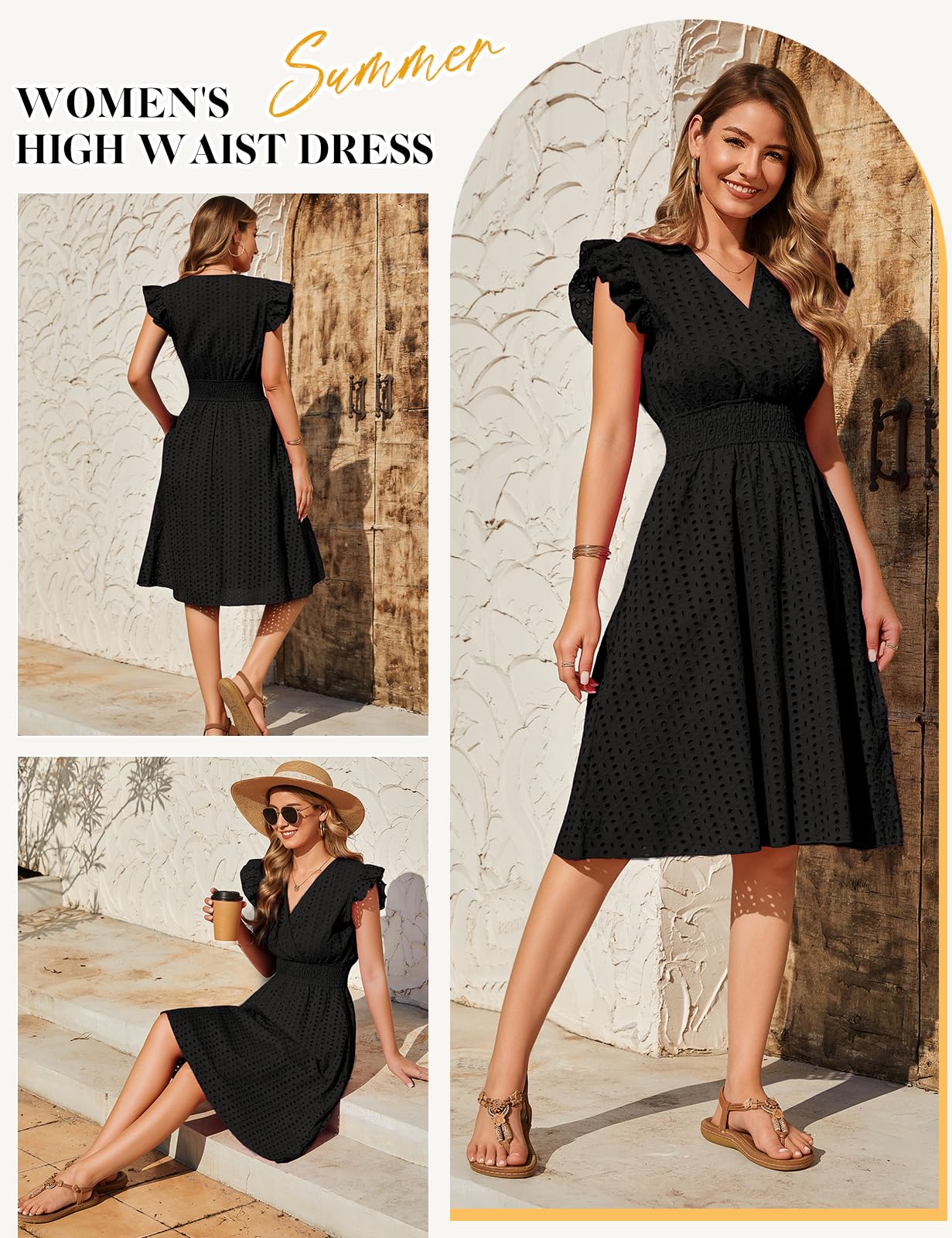 PASUDA Vestidos Verano Mujer Sin Mangas Vestidos Corto Cuello en V Algodón Elegante Dress de Manga con Volantes Cintura Alta Elástica Mini Vestido de Playa Sueltos Casual con Bolsillos (Negro, L)