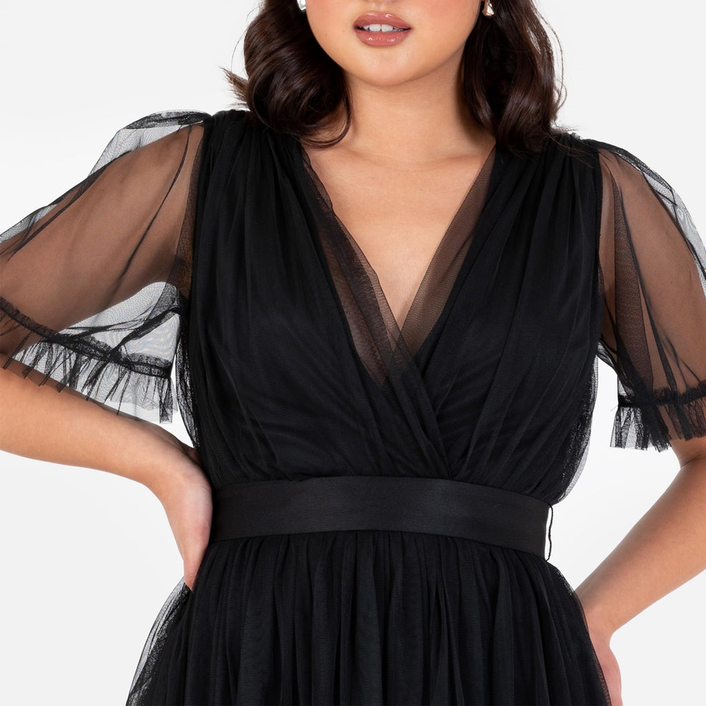 Anaya with Love Ladies Maxi Dress for Women V Neckline Short Sleeve Frilly Long Empire Waist for Wedding Guest Bridesmaid Maid of Honour, Negro 52