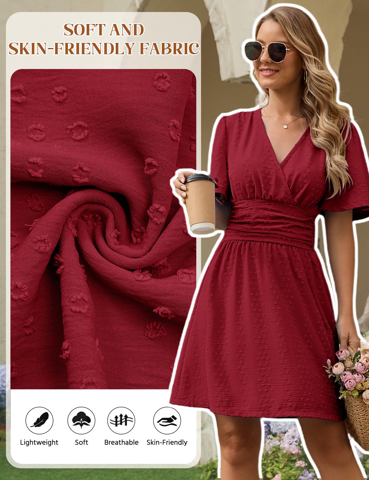 HEEKPEK Vestidos Verano Mujer Manga Corta Cuello en V Vestido de Mujer Elegante Corto Dress de Mangas Mariposa Cintura Alta Elástica Mini Vestido Sueltos Casual (Burdeos, L)