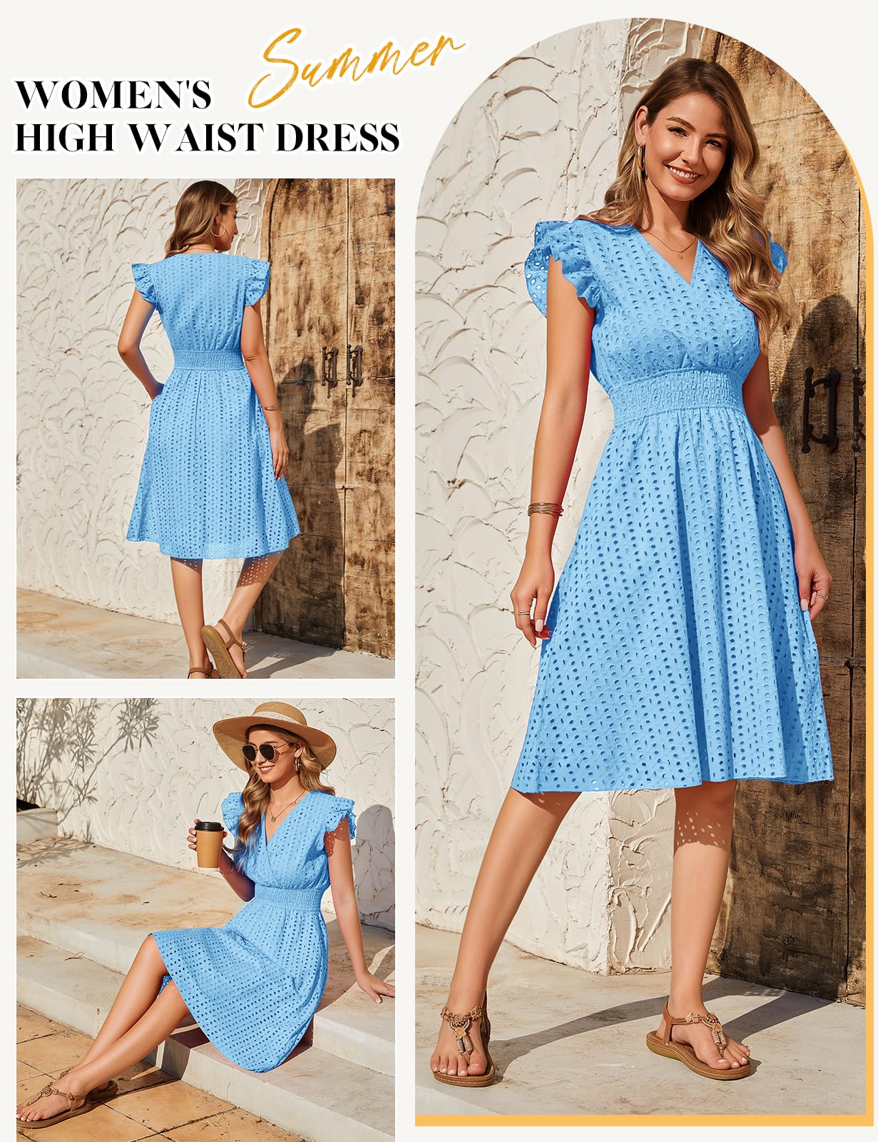 PASUDA Vestidos Verano Mujer Sin Mangas Vestidos Corto Cuello en V Algodón Elegante Dress Manga con Volantes Cintura Alta Elástica Mini Vestido de Playa Sueltos Casual con Bolsillos (Azul Cielo, L)