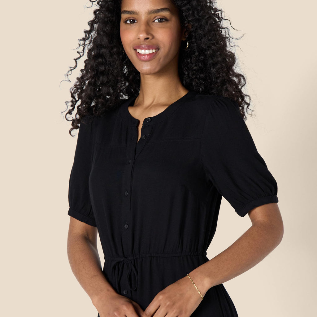 Amazon Essentials Vestido Midi Acampanado de Media Manga y Cintura para Mujer, Color Negro, Talla XL
