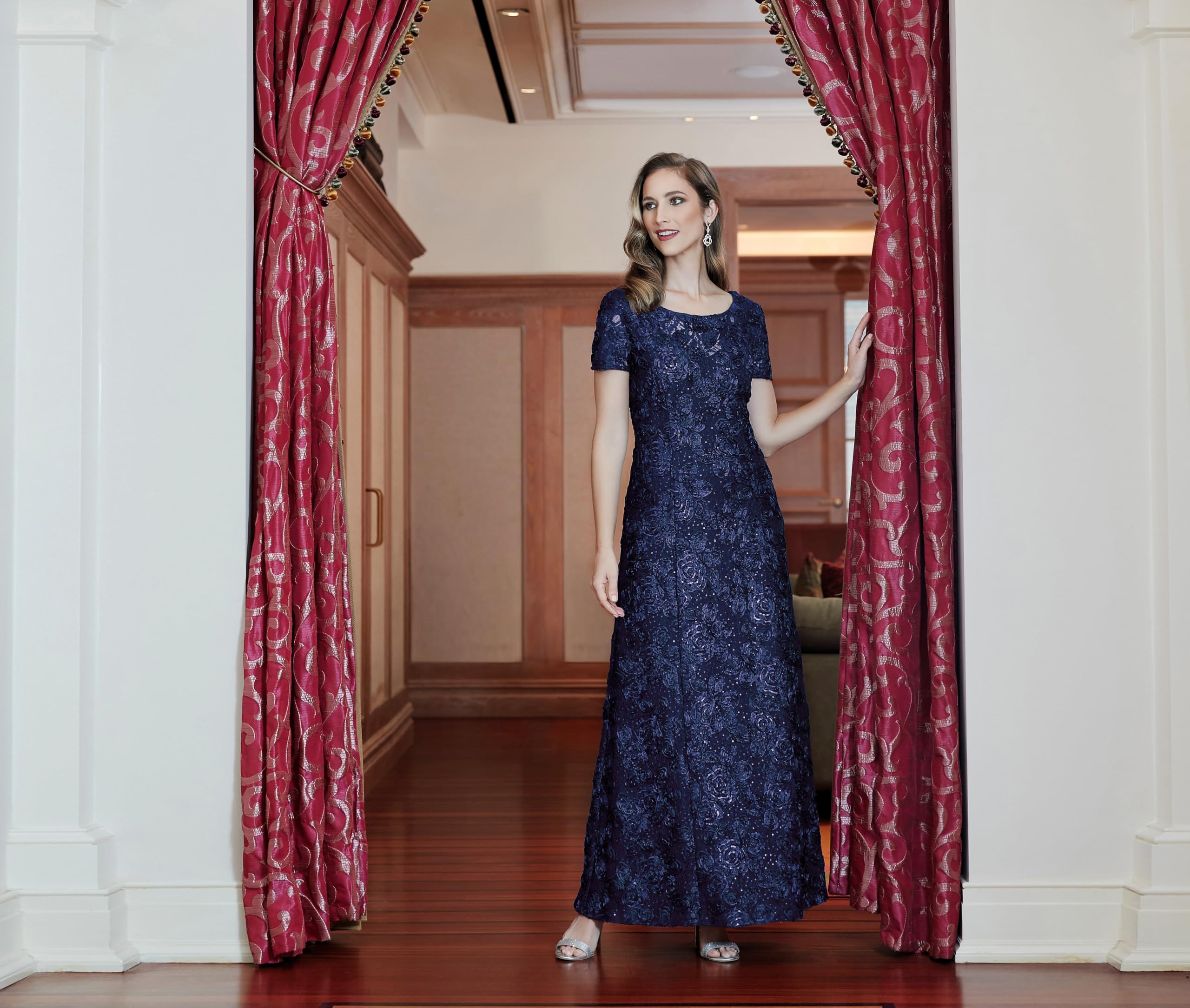 Alex Evenings Long Rosette Mother of The Bride Dress with Short Sleeves, Formal Gown, Wedding Guest Vestido para Madre de la Novia, Marino, 12 para Mujer