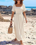 QUNERY Vestido Verano Mujer Elegante Cuello Cuadrado Vestidos Playero Casual Dress Manga Corta Beige XXL